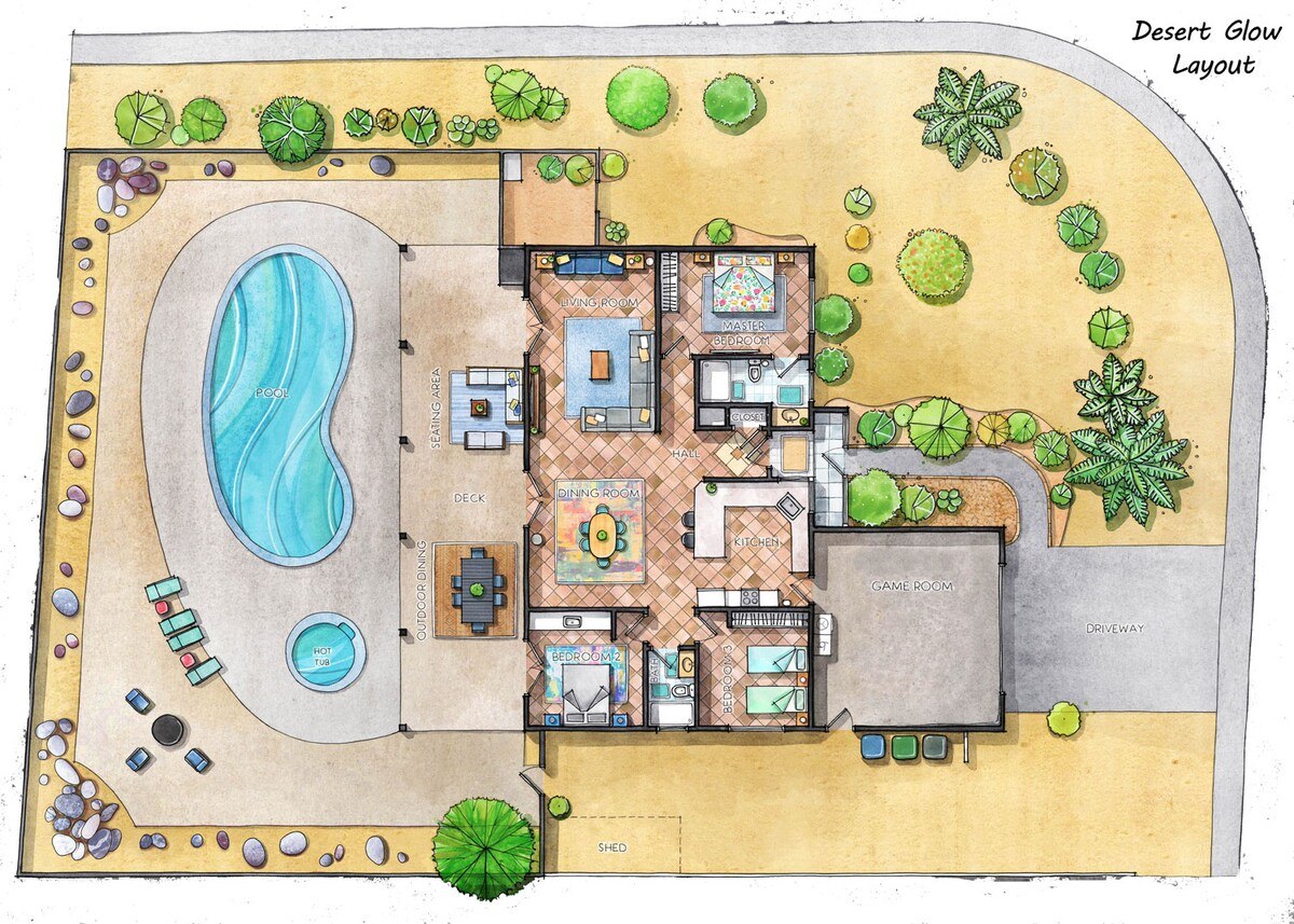 Illustrated floor plan of Desert Glow showing the split bedroom layout, game room, and backyard